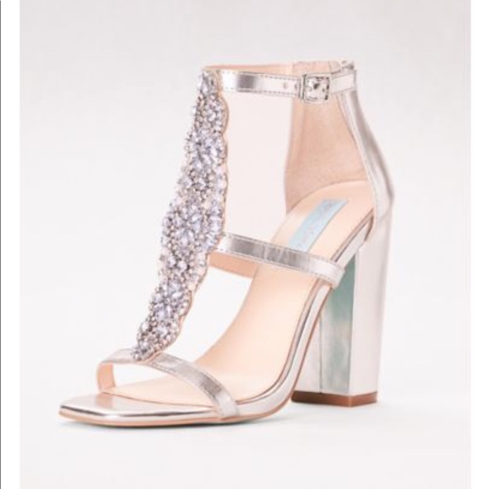 Crystal T-Strap High Heel Sandals with Block Hee
